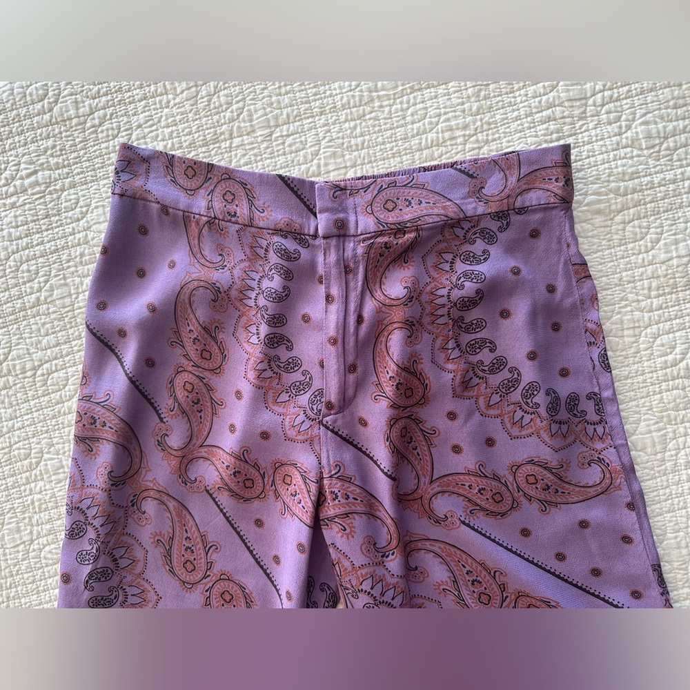 Zara Mid-Rise Flared Pants with Lavender Paisley Print - size M - Picture 3 of 7